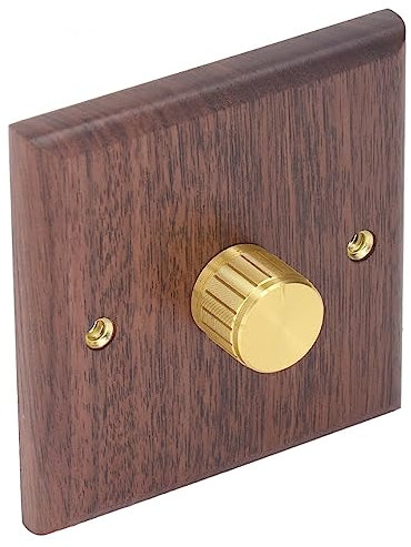Wooden Dimmer Switch with Copper Knob for Dimming LED Lamps, Black Walnut Light Dimmer Switch for Home, 200-250V, 100-500W, 86 x 87mm
