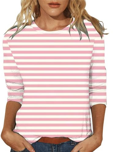 T-shirt rayé pour femme - Manches 3/4 - Rayé - Basic - Col rond - Manches longues - Sport - Tee-shirt Y2K - Mode - Tunique décontractée - Rayé - Carnaval - Costume de marin, Rose, M