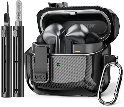 Tuocal Schutzhülle kompatibel mit Samsung Galaxy Bud 3 / Buds 3 Pro Hülle mit Reinigungsset, Robuster Stoßfester Fallschutz Kratzfest Case für Galaxy Bud 3 mit Reinigungsstift/Karabiner, Kohlenstoff