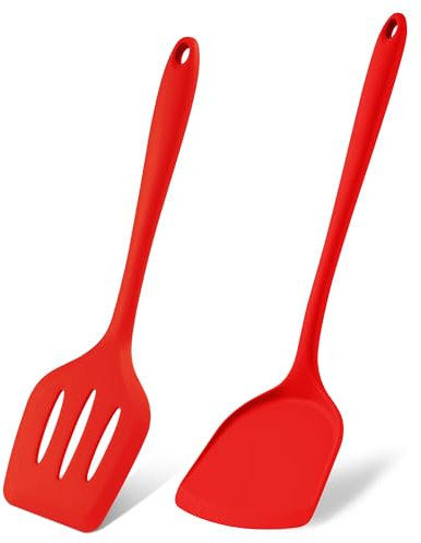 Herogo Silicone Spatula, 2 Pieces Non-Stick Spatula Turner Set for Cooking, Heat Resistant Silicone Slotted Turner Utensils for Cookware Pan, Easy Clean, Dishwasher Safe, Red
