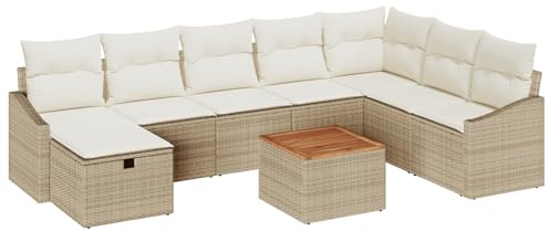 vidaXL Garten-Sofa-Set mit Kissen mit Speicher 9 pcs Beige Poly Rattan, Garten Sofaset, modulare Möbel, Outdoor-Sitze, verstellbare Füße, wetterfest, Lounge für Terrasse