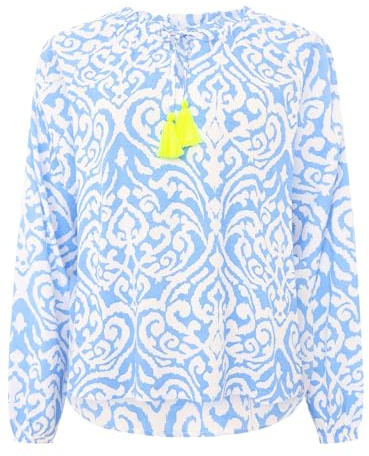 Zwillingsherz Damen Bluse, Viskose, Langarm, Rundhals, Gemustert, Modern (DE/NL/SE/PL, Alphanumerisch, S, M, Regular, Regular, Blau)