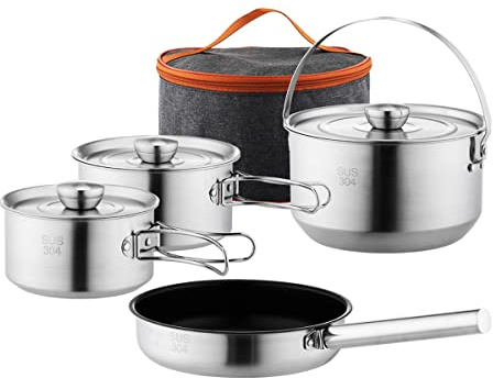 Camping Cookware Set, 4PCS 304 Stainless Steel Camping Cooking Set,Portable Camping Pots and Pans Set with Carrying Bag for 4-6 People