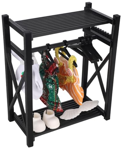 Puppen Schrank Garderobe, Kunststoff Kleidung Aufbewahrung Organizer und Display Regal mit 10 Mini Bügel Abnehmbar Puppenhaus Möbel für Modepuppe Kleidung Zubehör und Geschenke (Schwarz)
