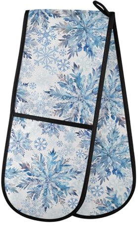 Ofenhandschuhe, doppelte Ofenhandschuhe, blaue Schneeflocken, Weiß, Weihnachtsmotiv, Ofenhandschuhe, Topflappen, hitzebeständig, gesteppt, für Küche, Grillen, Backen, Kochen