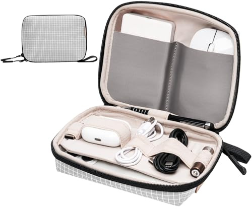 SIMTOP Cable Organiser Bag Small, Compact Electronics Organiser for Laptop Accessories, Cable Organiser Bag for Power Bank, Cable, SD Cards, Ideal for Travel, Office and Photography, Grey Grid, Cable