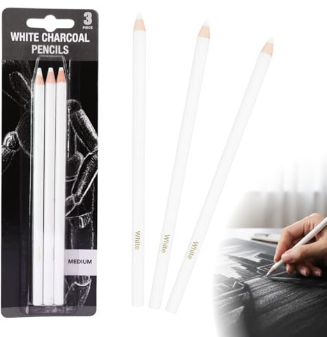 zizitips Kohlestifte Weiß Set 3 Stück Zeichenstifte für Künstler Zeichnen Skizzieren weiße Kohle Bleistifte für Highlights und Schattierung auf dunklem Papier Illustration Kunstbedarf Skizzenstifte