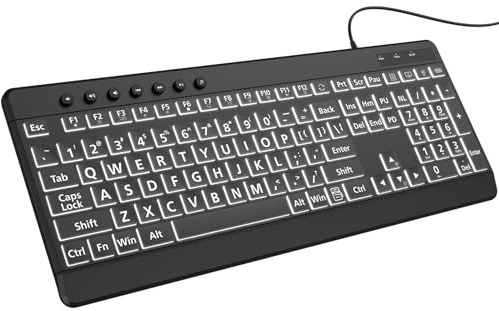 EDJO Tastiera cablata retroilluminata con stampa grande, retroilluminazione a 7 colori | Tasti a grandezza naturale, lettere di grandi dimensioni, compatibili con Windows, laptop, PC