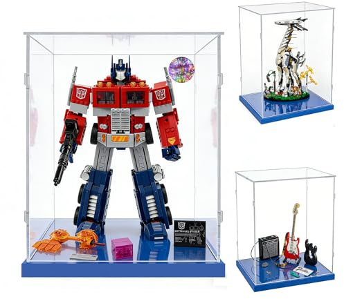 AAABOX Acryl Transparente Vitrine 30x20x40 für Lego 10302 21329 76989 71834 | für Icons Optimus Prime,Gitarre Fender Stratocaster,Horizon Forbidden West Langhals,Ninjago Zanes Ultra-kombi-mech,Blau Basis