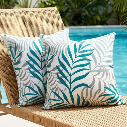 DecorMommt Outdoor Kissen Wetterfest 40x40 cm Boho Dekokissen Kissenbezüge Vintage Kissenhülle Grün Blätter Kissen Sommer Sofakissen für Wohnzimmer Schlafzimmer Garten Dekorative 2er Set