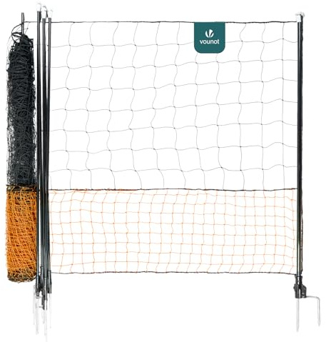 VOUNOT® Hühnerzaun & Hundezaun, 12m Mobiler Zaun mit Tür und Doppelspitze, universeller Begrenzungszaun ohne Strom, Robuster PE Gartenzaun Steckzaun, Kleintiernetz für Garten, Haus & Hof, Orange