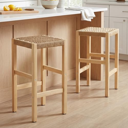 chairus 2er-Set Holz Barhocker, Seilgeflechte Sitzfläche, Naturholz | Landhaus-Küchenhocker mit stabilem Holzgestell und stilvollem Seilgeflecht, als Barstuhl für Kücheninsel/Bistro/Esszimmer