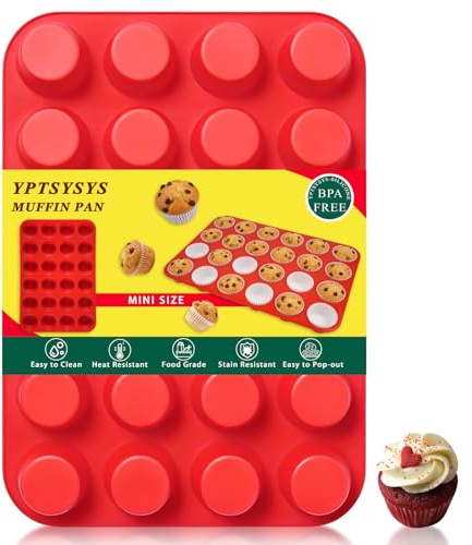 YPTSYSYS Silicone Muffin Tray, 24 Cups - Non Stick Baking Trays for Cupcakes & Brownies - (22.5x33cm) Red Baking Moulds for Muffin, BPA Free & Dishwasher Safe