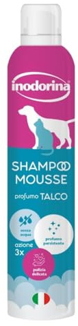 Inodorina Trockenshampoo für Hunde, Katzen und Welpen (300 ml, Talkum-Duft) - Mousse mit lindernder und reinigender Wirkung - Respektiert den natürlichen pH-Wert, ideal für häufiges Waschen