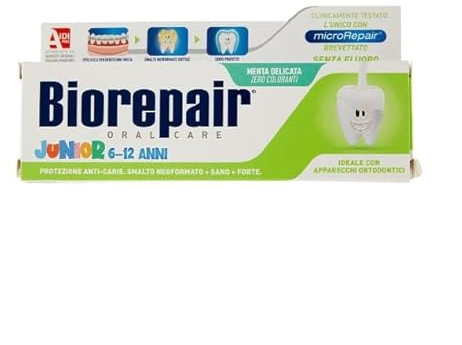Biorepair, Junior Zahnpasta 6-12 Jahre, 6 Packungen á 75 ml, Fluorfreie Kinderzahnpasta mit Vitamin E, Antioxidans, für gesundes Zahnfleisch, erfrischend Minzgeschmack