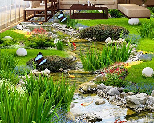 Weaeo Garten Gras Wasser Karpfen Teppiche 3D Boden Malerei Schlafzimmer Badezimmer Selbstklebende Bodenpaste 3D Bodenbelag-200X140Cm