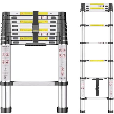 Telescopic Ladder, 2.6M Stainless Steel Loft Ladder with Non-Slip Feet and Triangle Support, Portable Ladders Extendable Thickened High-Strength, Ladders for Roof Attic Caravans