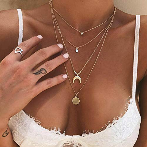 Jovono Böhmen mehrschichtige Damen-Halskette mit Mond und Pailletten Anhänger Muster Halsband Ketten für Damen