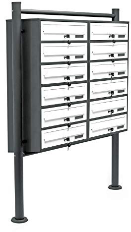 Wiltec 12er Briefkastenanlage Weiß/Anthrazit 898 x 270 x 1500 mm, Standbriefkasten mit 2x6 Fächern, Schlüssel und Namensschild, Briefkasten Postkasten mit Ständer