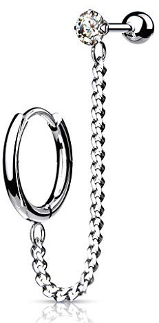 beyoutifulthings 1 Knorpel Ohr-STCecker Klick-Creole Kette 4cm Zirkonia Clear 3mm Cartilage Labret Piercing-s Tragus Silber Edelstahl Schraub-Verschluss