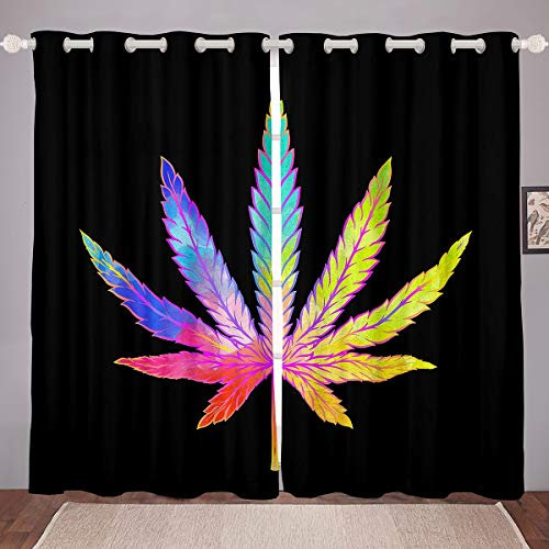 Cortinas de Hojas de Marihuana Coloridas Cortinas de Hojas de Cannabis, cáñamo, Cortinas psicodélicas,de habitación, 66 x 90