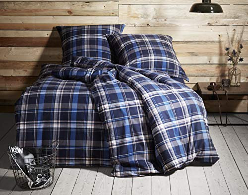 Bettwaesche-mit-Stil Klassische Karo Feinflanell Bettwäsche blau weiß 240x220 + 2X 80x80
