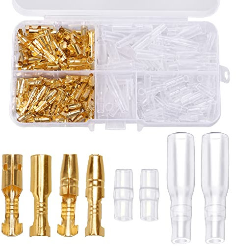 YIXISI 200 Stücke 3.9mm Rundsteckverbinder Kit Messing Bullet Male & Female Wire Terminals Stecker mit Isolationsabdeckung, für Motorrad Motorrad Auto Boote Elektrische Instrumente, Golden