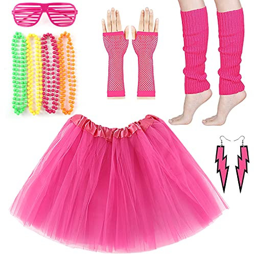 M MUNCASO Costume Anni '80, Set Gonna Tutù per Adulti Con Scaldamuscoli, Guanti a Rete, Collane al Neon, Orecchini Con Perline, Occhiali da Sole per Feste Retrò (Rosa)