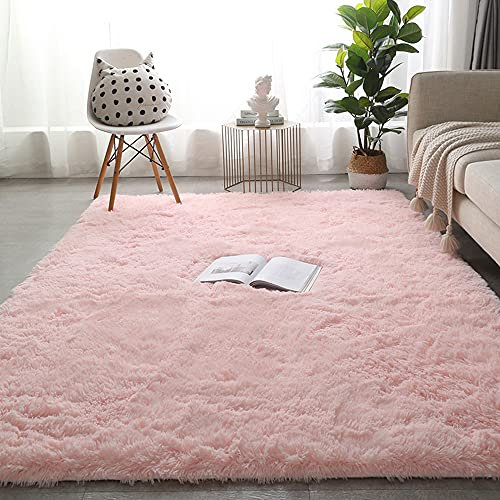 Grand tapis moderne à poils longs, antidérapant, doux au toucher, en fausse fourrure, pour salon, chambre à coucher, canapé, chambre d'enfant - 160 x 200 cm - Rose