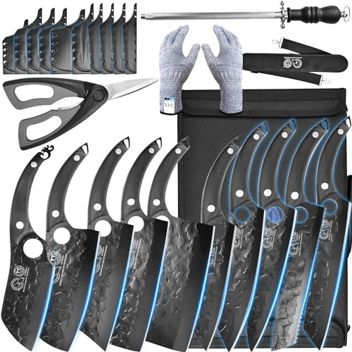 XYJ 10-Pcs Berufskoch Messer Set mit Tasche Schärfer Geflügel Schere, Küche Besteck Messer Cleaver für Fleisch schneiden