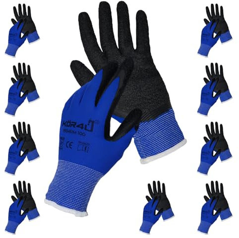 kör4u 10 Paar Arbeitshandschuhe Premium, atmungsaktiv und beschichtet, als Schutzhandschuhe geeignet, guter Grip, mit hochwertiger Latex-Beschichtung, hoch elastisch