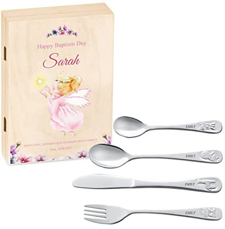 Maverton Kids Silverware in a Wooden Box – Personalised Animals Cutlery Set – Stainless Steel Engraved Utensil Set – for Girls - Angel