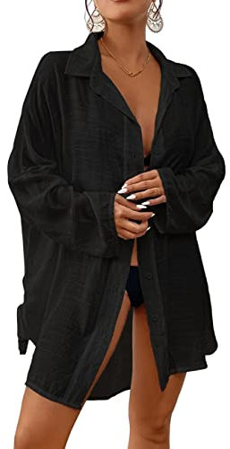 Bsubseach Women Button Down Beach Shirt Cover Up for Swimwear Blouse Tops Black