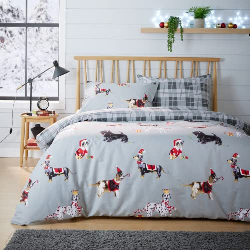 Olivia Rocco Christmas Dogs Duvet Cover Set Puppies White Grey Reversible Super Soft Easy Care Cute Animal Print Quilt Bedding Bed Sets with Pillowcase, Grey Single