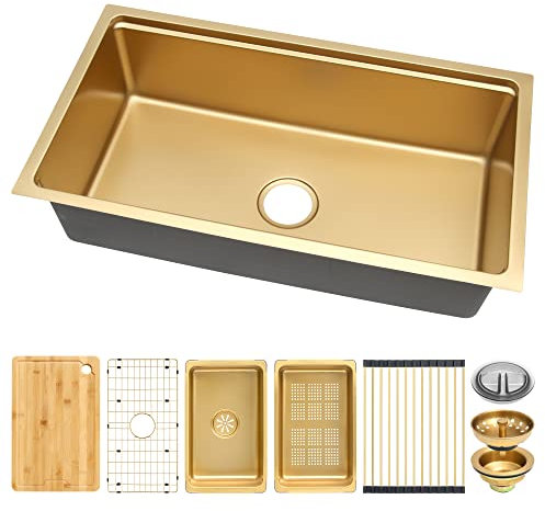 Fregadero de cocina dorado bajo encimera de 81,3 x 45,7 cm, fregadero con estación de trabajo de acero inoxidable, con una sola cubeta y colador para cocina