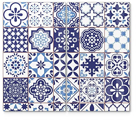 DEQORI Herdabdeckplatten Glas | 2er Set 60x52 cm | Motiv Azulejo Wandkacheln | Ceranfeld Abdeckplatten in Küche | Herd-Abdeckungen universal | Glasplatten & Schneidebretter für Kochplatte