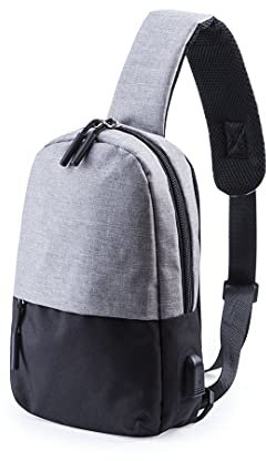 TIENDA EURASIA - Bandolera Multiusos con Conexión USB y Bolsillo Acolchado para Tablet de hasta 10’’, Espalda y Cinta Acolchadas, Diseño Urbano Gris Denim y Negro, Cierre de Cremallera, 20x29x6.5cm