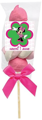 Spiedini di Marshmallow con tag personalizzabili personaggio a scelta kit fai da te per caramellata regalini fine festa compleanno party gadget cotillon (Minnie)
