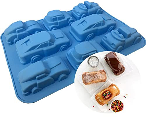 WishesMar Auto Car Shape Silicone Mould 8 Cavity Fluted Cake Mold Nonstick Baking Bakeware Reusable Silicone Mold for Pastry, Dessert, Soap, Muffin, Bread