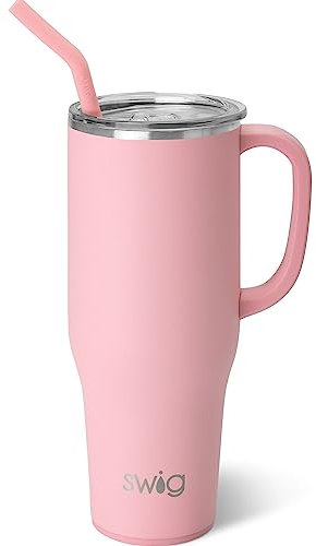 Swig Life 40oz Mega Mug, 40 oz Tumbler with Handle and Straw, Cup Holder Friendly, Dishwasher Safe, Extra Large Insulated Tumbler, Stainless Steel (Blush)