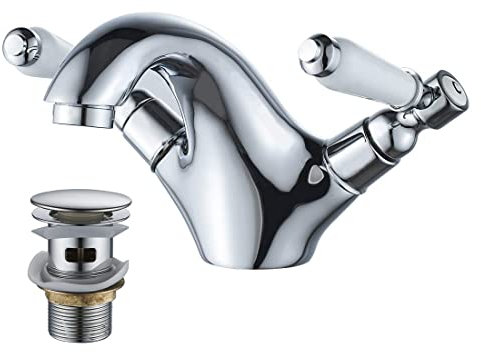 Dual Lever Basin Mixer taps with pop up Waste,Luckyhome Bathroom Sink Mixer taps Chrome hot and Cold Faucet Solid Brass Valve Body