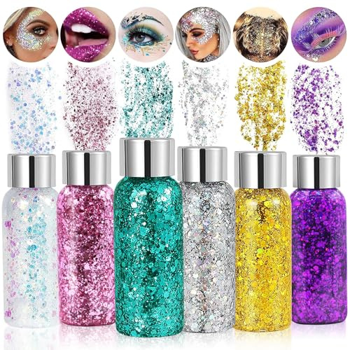 OBYCPIN Set da 6 Flaconi di Gel Glitter Viso e Corpo - Brillantini in Gel Sirena - Chunky Glitter Liquido per Festival, Feste e Trucco - Bianco/Rosa/Verde/Argento/Oro/Viola