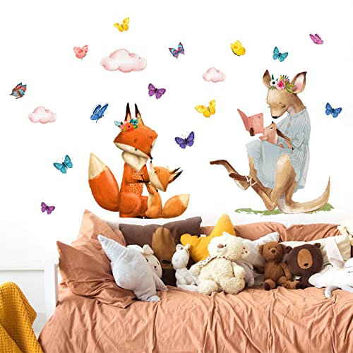WandSticker4U®- Wandtattoo Waldtiere Kinderzimmer FUCHS & KÄNGURU (72x68 cm) I Wandsticker Mädchen Tiere Wald Schmetterlinge Wolken I Wandaufkleber Kinderzimmer Deko Mädchen Junge GROß