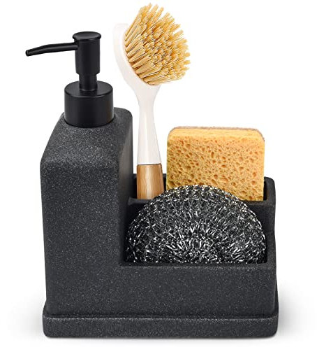 Dispensador de jabón con soporte de esponja, dispensador de jabón líquido para manos y platos y organizador de esponja con soporte para cepillo, organizador de encimera 3 en 1 para fregadero de cocina