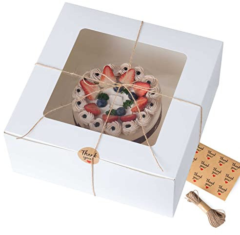 WVOPIAHY Tortenkartons Weiß,Kuchenkarton mit Sichtfenster Kuchenboxen 31x31x13cm,12 Zoll Konditorkarton, Tortenbox(8 Stück mit Schnur und Aufkleber)