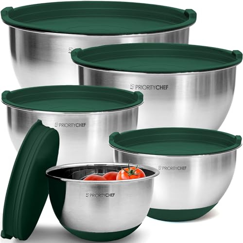 Priority Chef Premium Mixing Bowls with Airtight Lids Set, Thicker Stainless Steel Mixing Bowl Set, Large Prep Metal Bowls with Lids, Nesting Bowls for Kitchen, 1.5/2/3/4/5 Qrt, Green