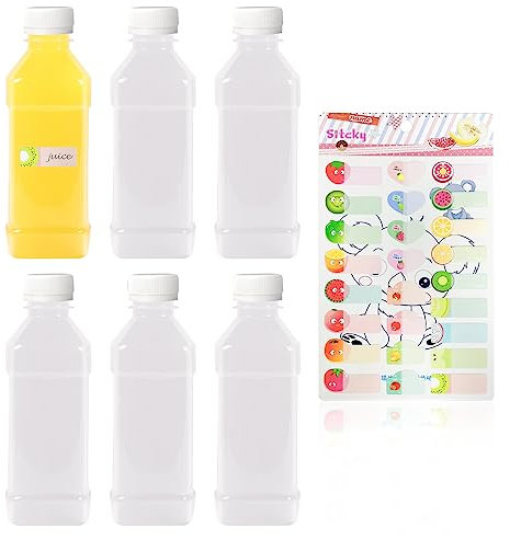 GVSAVY 6 Pack Clear Juice Bottles, 1 Sheet Fruit Sticker, 250ml Beverage Container, PET Empty Beverage Bottle With Lid,reusable clear bottle,Suitable for milk, juice (White lid)