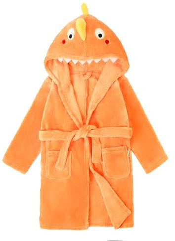 LOLANTA Kids Fleece Dressing Gown Dinosaur Plush Hooded Bathrobe, Orange Dinosaur, S (2-3 Years)