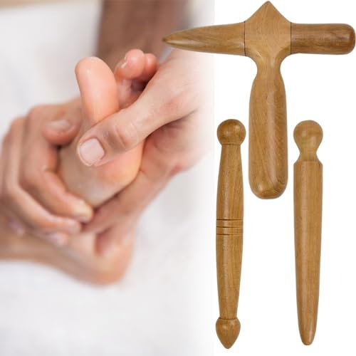 Thai Massage Holzstab Set - 3 Stücke Triggerpunkt Massagegerät für Körper und Fuß, Muskel Massage Werkzeuge, Trigger Roller