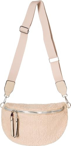 styleBREAKER Damen Teddyfell Halbmond Crossbody Schultertaschen Einfarbig, verstellbarer Schultergurt 02012403, Farbe:Hellbraun